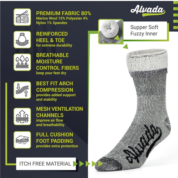 Alvada Gray Thermal Socks unisex fuzzy interior cushion NWT - Picture 3 of 5